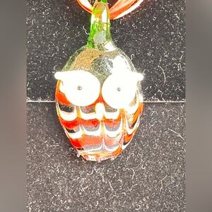 Handblown Glass Owl Pendant in Red and White